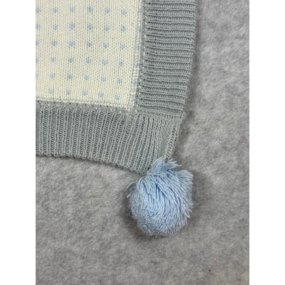 Pottery Barn Kids Blue White Knit Heart Pom Pom Baby Blanket 30x40 Cotton Blend